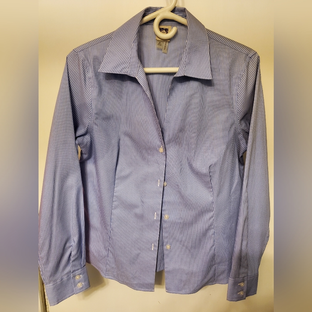 Anne Klein Blouse, Medium, Blue Pinstripe